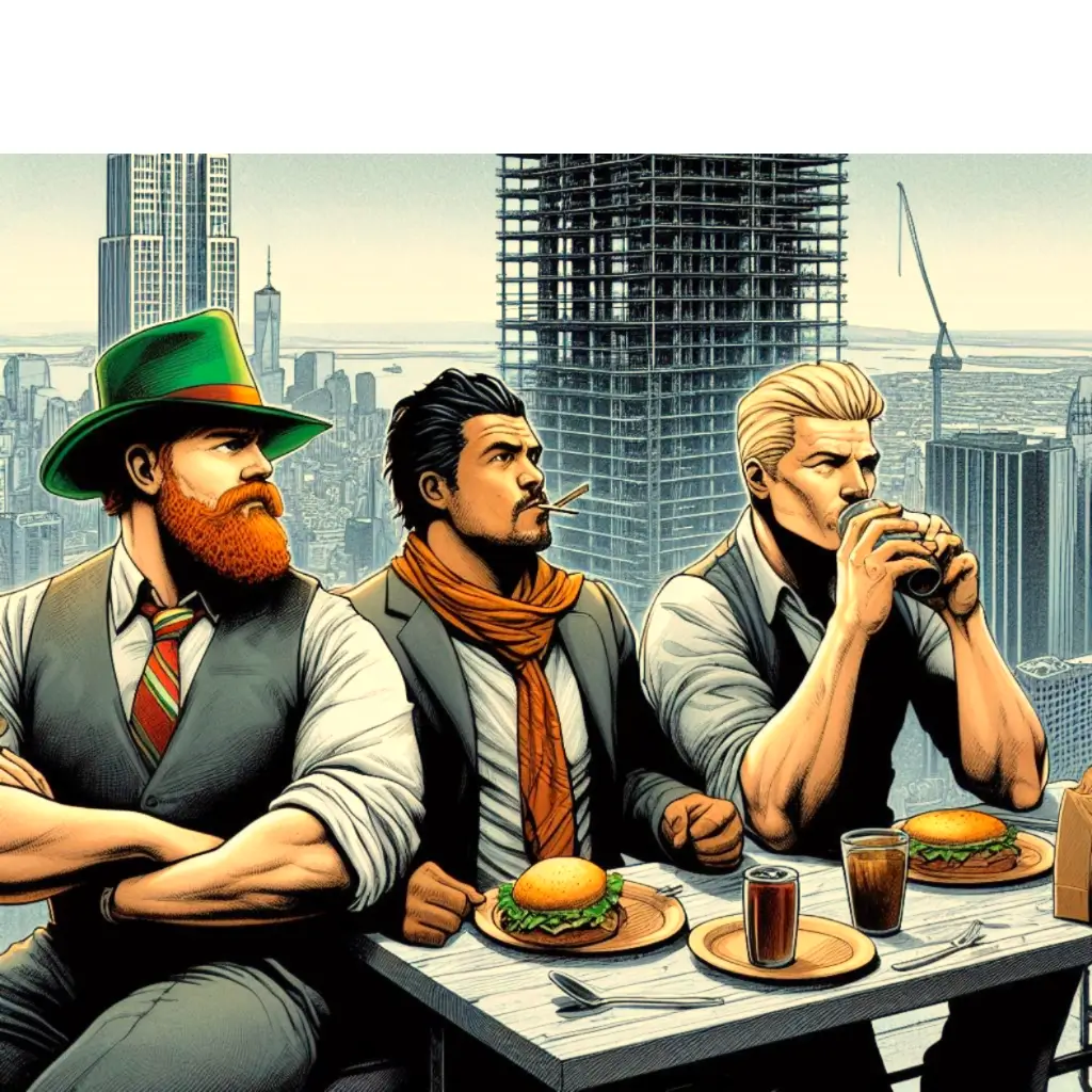 An Irishman, a Mexican and a blonde man take a lunch pause at the top of a skyscraper under construction. Drawn in the style of a noir graphic novel.