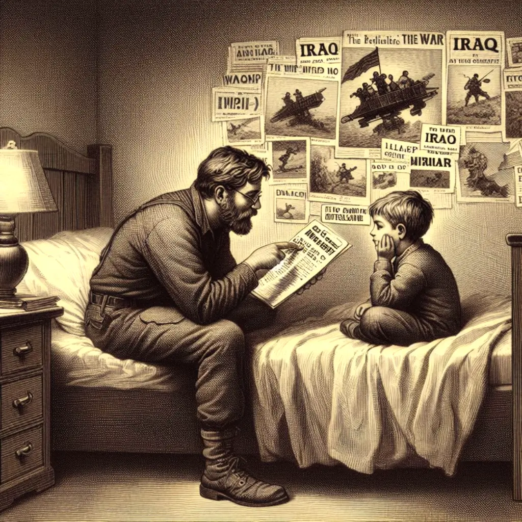 Father inventing a story on the war in Iraq to the son, who is in bed and ready to sleep. Engraving.