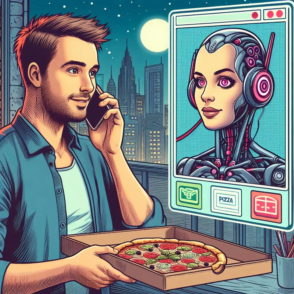 Man ordering pizza on the phone in the near future. Split screen with a female cyborg phone operator taking the call. Drawn as a cartoon.