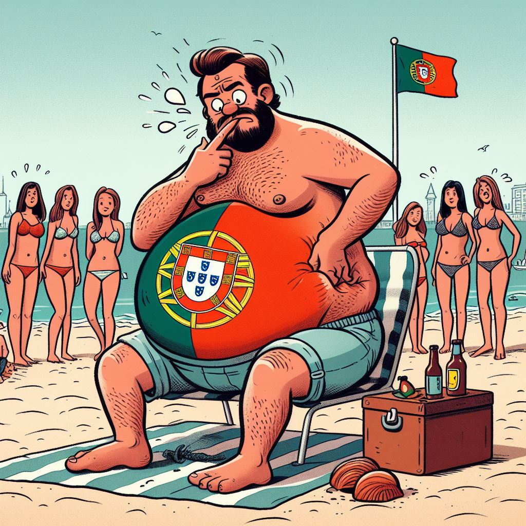 Portuguese man with a huge beer belly, sitting on a very busy beach, goggling at the women, while scratching himself. Drawn in the style of a Sunday cartoon strip.