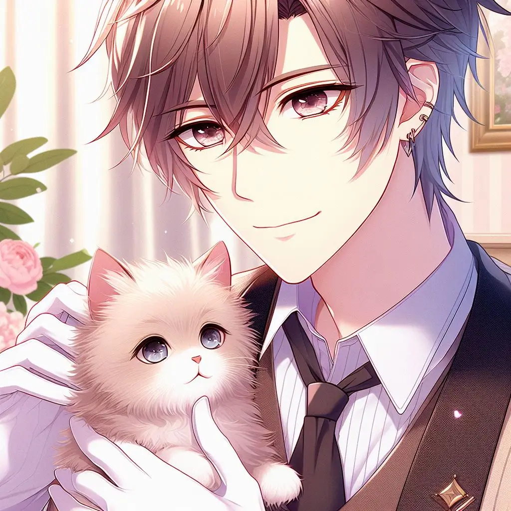 Young man, good-looking and attractively dressed, caressing a small fluffy kitten. Anime style, but with soft, pastel colours.