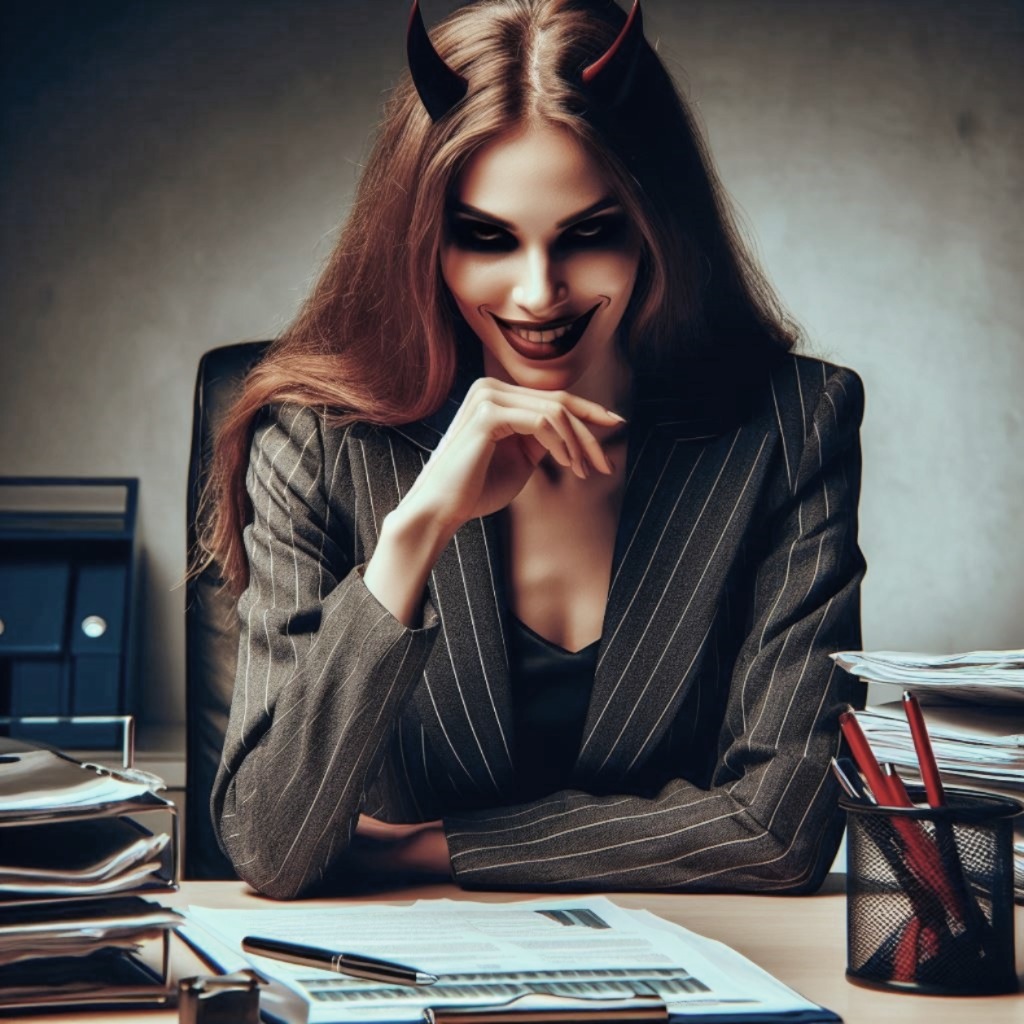 Mulher-diabo atraente vestindo fato, sorrindo malevolamente atrás de uma secretária com papéis na mesa.