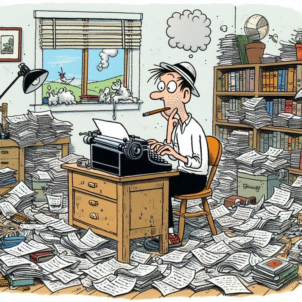 Clueless novelist sitting behind a typewriter, a finger in his mouth, eyes rolling, searching for inspiration. Untidy room, with books and piles of paper everywhere, but with a nice view through the window. Cartoon drawn in the style of Bill Watterson.