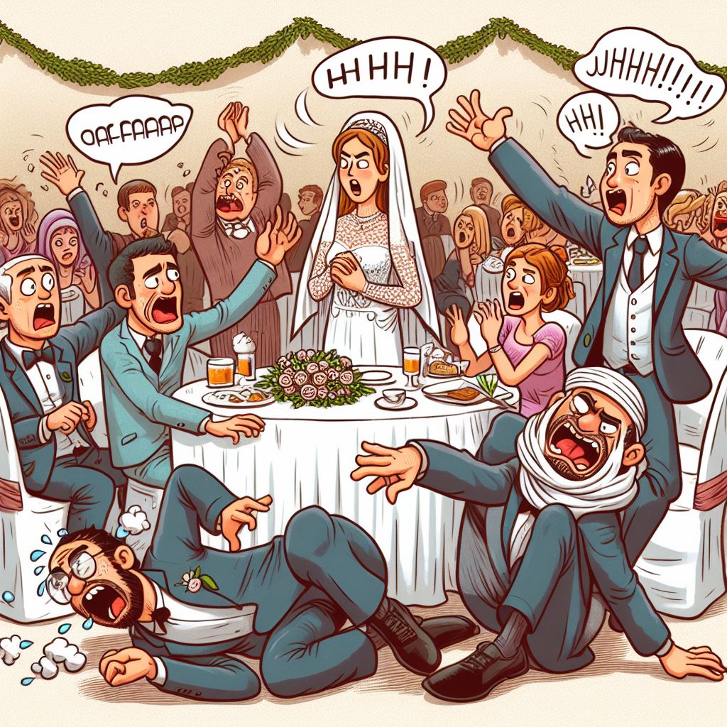 Cartoon of a hilarious event happening at a wedding.