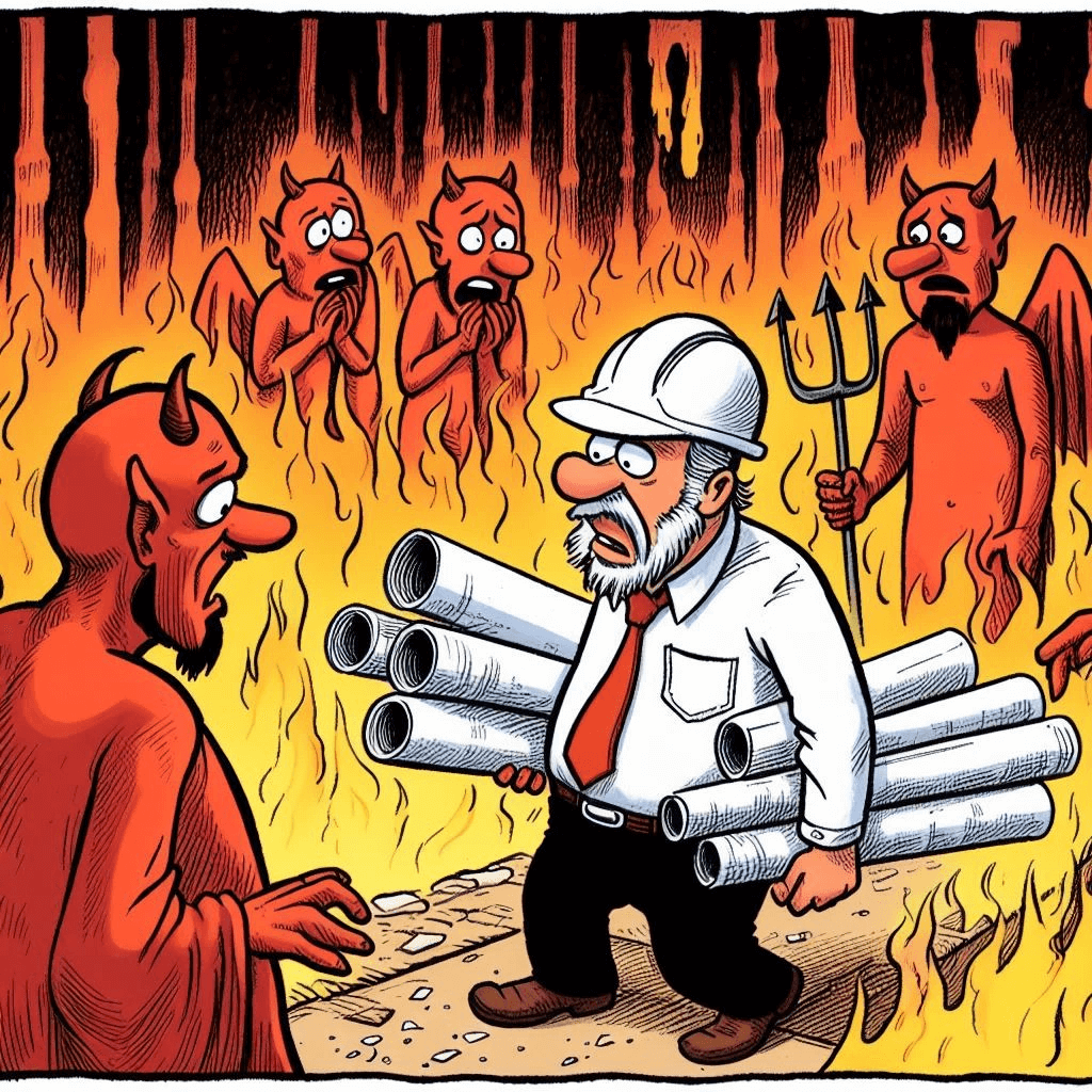Um arquitecto no inferno, trazendo as suas plantas, rodeado de chamas e de um bando de demónios surpresos.