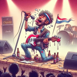 Drunken rock star with his electric guitar, on the stage, drawn in the cartoon style of MAD magazine.