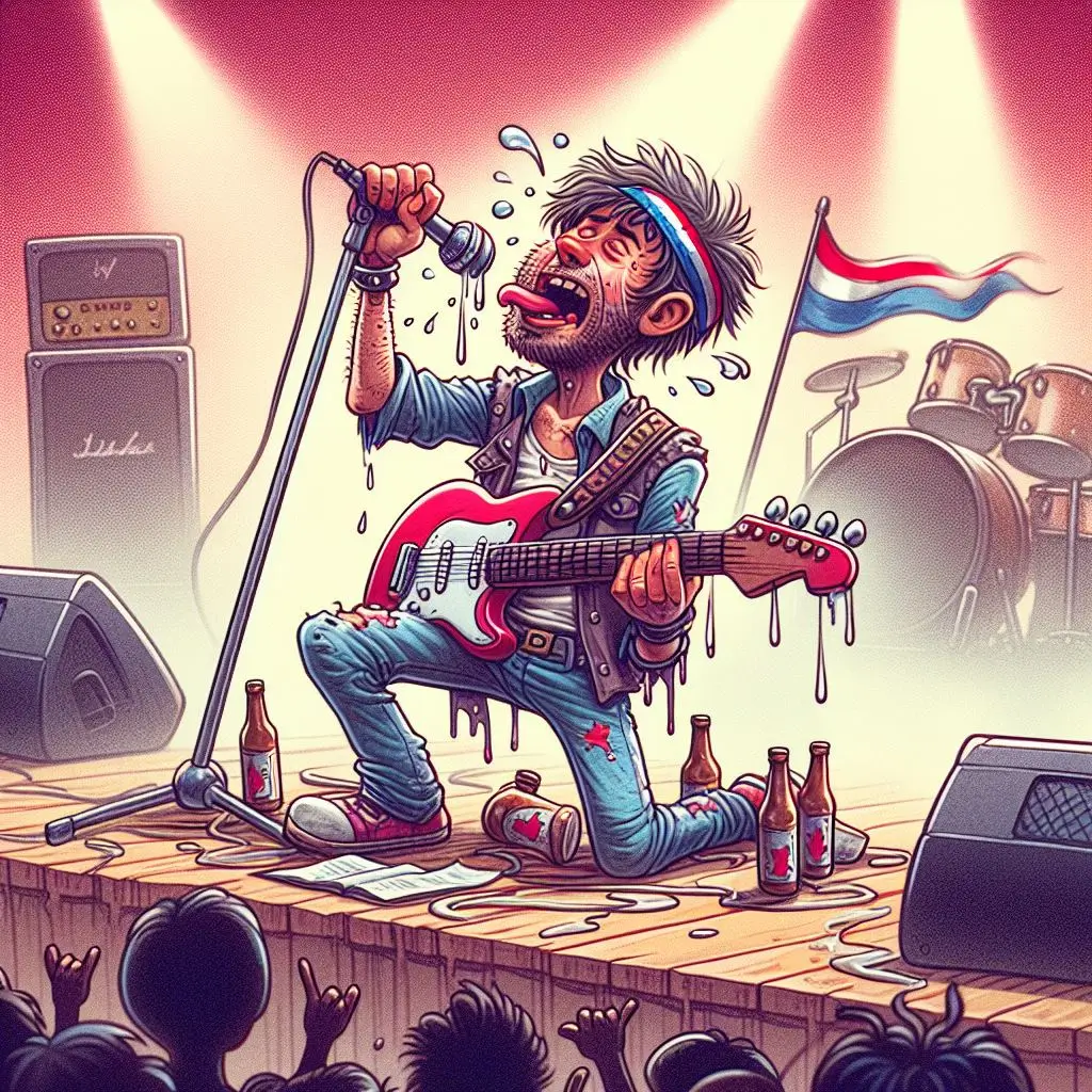Drunken rock star with his electric guitar, on the stage, drawn in the cartoon style of MAD magazine.