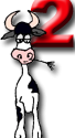 Desenho de uma vaca em estilo cartoon, com o número 2 a vermelho por trás, do lado direito.