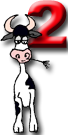 Desenho de uma vaca em estilo cartoon, com o número 2 a vermelho por trás, do lado direito.