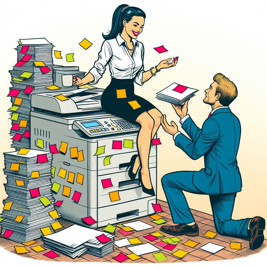 Attractive business woman in a skirt, sitting on a photocopier, smiling at a male colleague who is kneeling in front of her as if he was proposing her for marriage. Viewed from the side. Lots of post-its affixed everywhere, in many colours. White paper sheets piled on the ground near the photocopier, some still floating in the air; some post-its are also on top of the paper piles. Drawn in the style of a coloured Sunday cartoon strip.