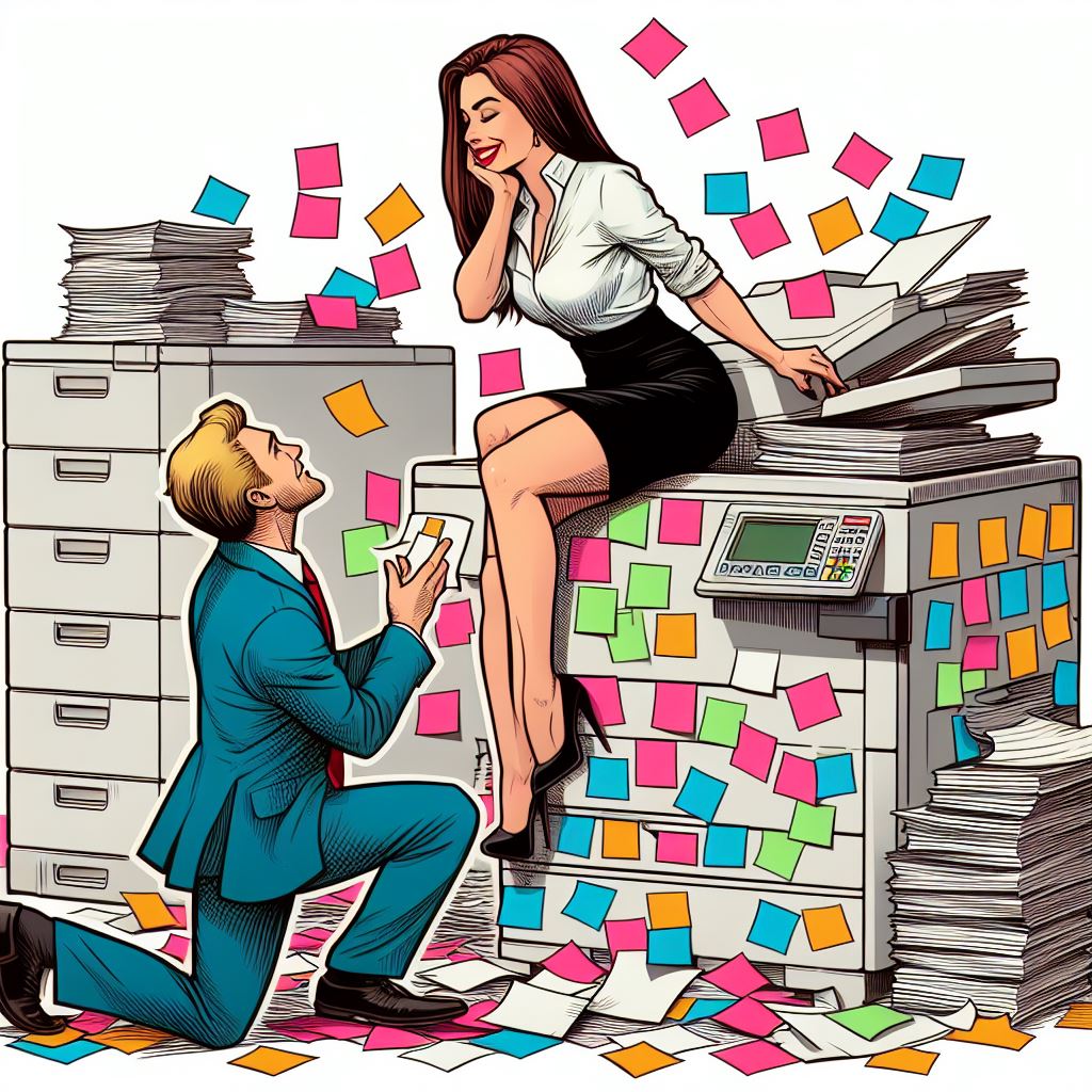 Attractive business woman in a skirt, sitting on a photocopier, smiling at a male colleague who is kneeling in front of her as if he was proposing her for marriage. Viewed from the side. Lots of post-its affixed everywhere, in many colours. White paper sheets piled on the ground near the photocopier, some still floating in the air; some post-its are also on top of the paper piles. Drawn in the style of a coloured Sunday cartoon strip.