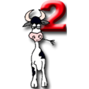 Desenho de uma vaca em estilo cartoon, com o número 2 a vermelho por trás, do lado direito.
