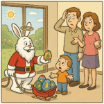 Um coelho vestido de Pai Natal, com um halo (e sem barrete) entrega um ovo pintado com decorações natalícias a uma criança em plena Páscoa, cujos pais estão verdadeiramente confusos.