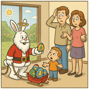 Um coelho vestido de Pai Natal, com um halo (e sem barrete) entrega um ovo pintado com decorações natalícias a uma criança em plena Páscoa, cujos pais estão verdadeiramente confusos.