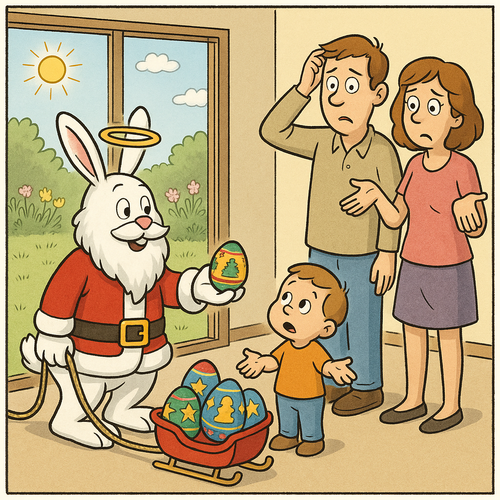Um coelho vestido de Pai Natal, com um halo (e sem barrete) entrega um ovo pintado com decorações natalícias a uma criança em plena Páscoa, cujos pais estão verdadeiramente confusos.